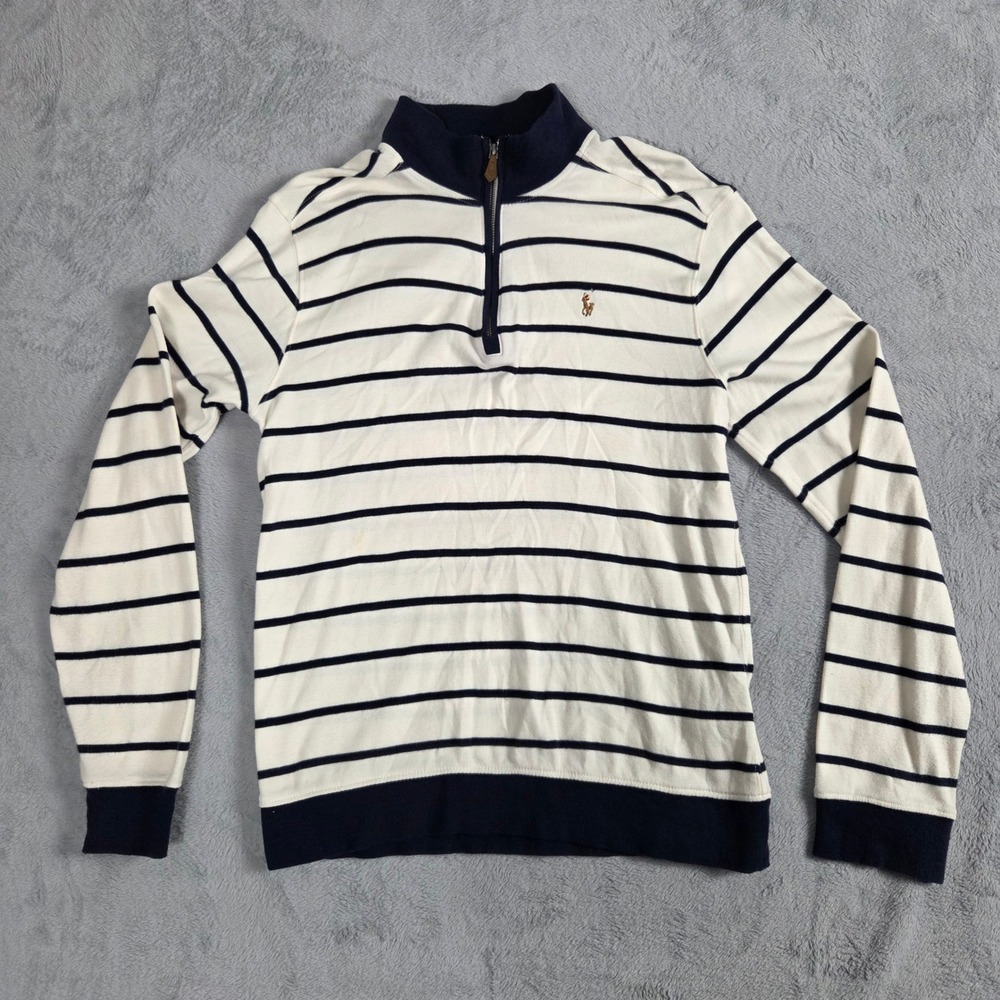 Polo Ralph Lauren Quarter Zip Kids XL 18-20 Cream Navy Striped Good Pullover